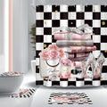 4Pcs Black white Checkered Plaid Shower Curtain Set, Pink Fashion Flower Perfume High Heels Books Bathroom Curtain with Rug, Toilet Lid Cover, Bath Mat, Women Girl Shower Curtain with 12 Hooks