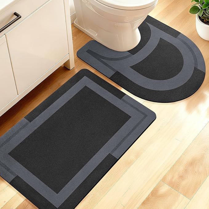 ACCUMTEK Non Slip Bath Mat, Thin Bathroom Rugs Fit Under Door, Quick Dry Bath Mats, Machine Washable Bath Rugs for Bathroom, Bathtub & Kitchen, Black/Bordered/24 x17+ 24"x20" Contour Rug
