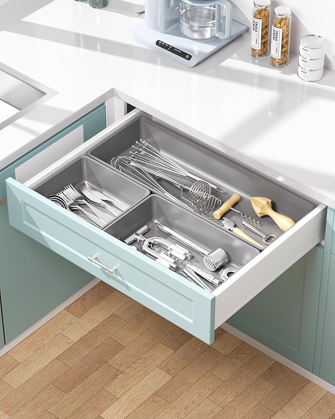 10 Pack Large Size Plastic Drawer Organizers Set, 3 Sizes Desk Drawer Organizer Trays, Storage Bins for Vanity, Makeup, Bathroom, Kitchen Utensils and Office (Gray)
