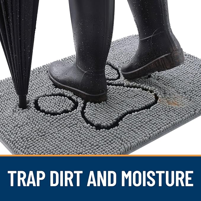 OLANLY Dog Door Mat for Muddy Paws 34x21, Paw Print Design, Absorbs Moisture and Dirt, Absorbent Non-Slip Washable Doormat, Quick Dry Chenille Mud Mat for Dogs, Entry Indoor Entryway Carpet, Grey