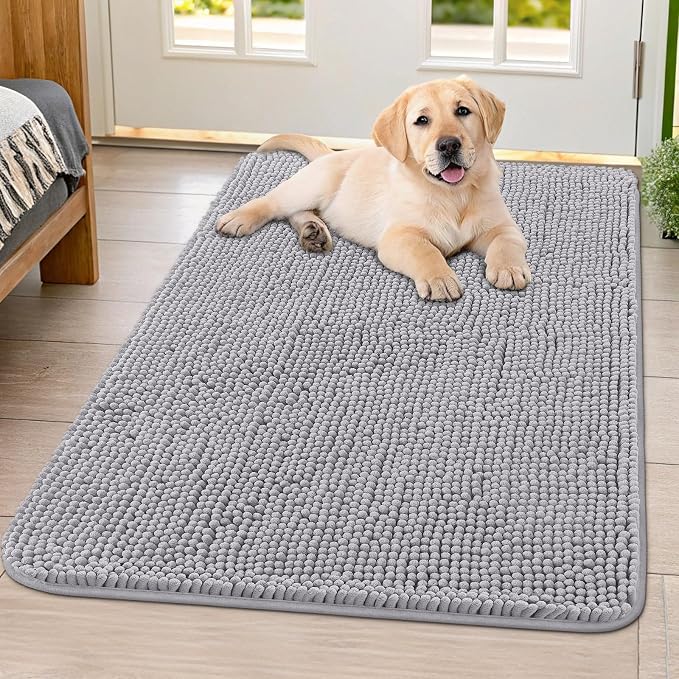 Smiry Dog Door Mat for Muddy Paws 40x32, Absorbent Dirt Trapper, Non-Slip Washable Chenille Entryway Rug for Inside Floor, Light Grey, Classic Solid