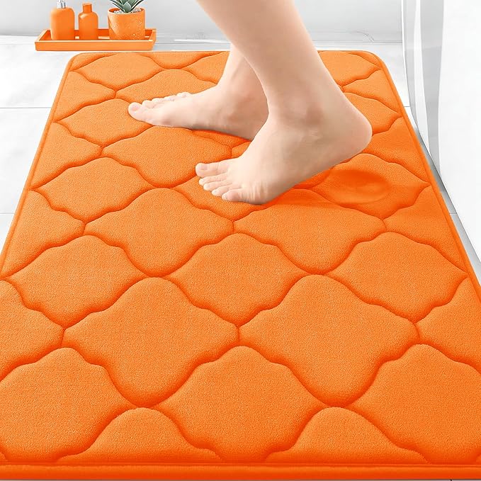 OLANLY Memory Foam Bath Mat Rug 30x20, Ultra Soft and Absorbent Bathroom Rugs, Non-Slip, Comfortable, Machine Washable Bath Carpet for Bathroom Floor, Tub, Shower and Home Decor Accessories, Orange