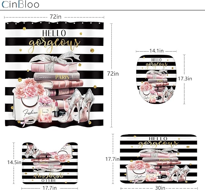 4Pcs Pink Black Girls Bathroom Sets with Shower Curtain and Rugs, Fashion Flower Perfume Toilet Lid Cover, Bath Mat, Women Girly White Striped High Heels Books Shower Curtain with 12 Hooks