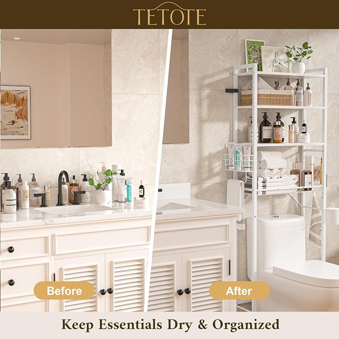 TETOTE Over-The-Toilet Storage Rack, 4-Tier Bathroom Organizer Shelf Over Toilet with Adjustable Shelf and Basket, Freestanding Space Saver Bathroom Shelves Above Toilet for Room(White)