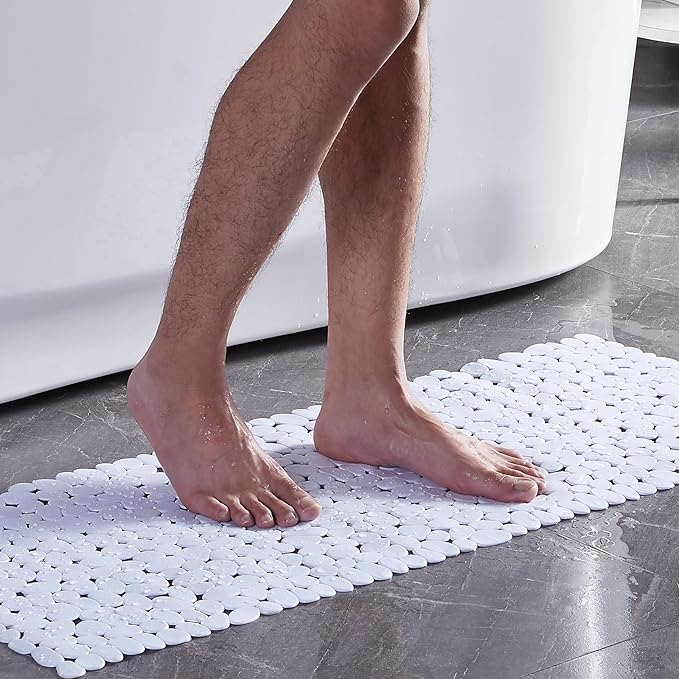 Webos Bath Shower Mat Non Slip: Extra Large Pebble Bathtub mat for Kids, Elderly, Anti Slip Shower Matt with Drain Holes Suction Cups Tub Mat - 16 X 40 Inch White