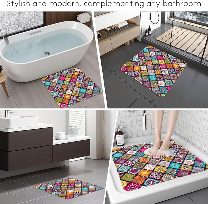 Bathtub Mat Non Slip, Bohemia Square Bath tub Mat Shower Floor Mat with Suction Cups for Adults Kids Elderly 21 X 21 Inch