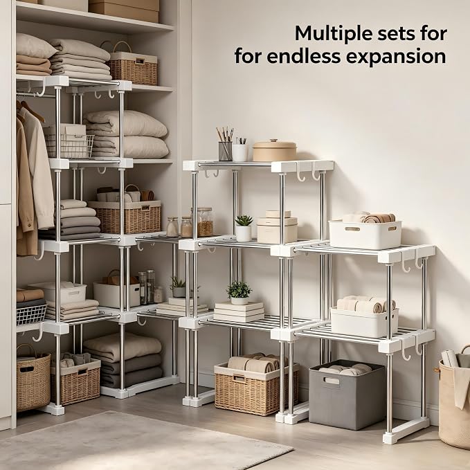 BLULEE Expandable Under Sink Organizer, No-Drill Adjustable Shelf for Heavy Laundry Supplies, Custom Fit Around Pipes Cabinet Rack for Bathroom Vanity and Kitchen Pantry