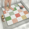 Square Loofah Shower Stall Mat 24"x24", Quick Drying Shower Mats with Drain, PVC Loofah Bath Mat for Wet Room & Bathroom Floor, Soft Textured Safe & Washable & Resistant, Multicoloured Checkered