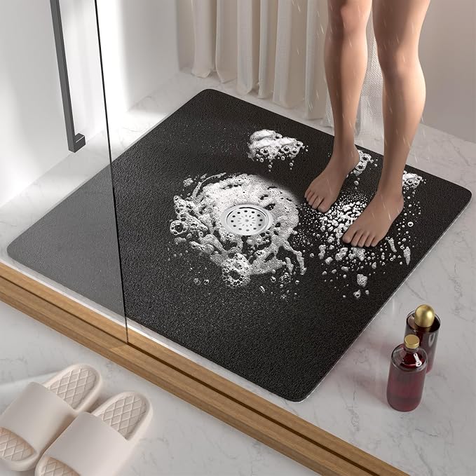HITSLAM Square Shower Mat, 27 x 27 Inch Non Slip Bath Mat for Tub, Soft PVC Loofah Bathtub Mats with Drain Holes, Quick Drying Bathroom Stall Floor Mat, Bathroom Accessories Without Suction Cup, Black