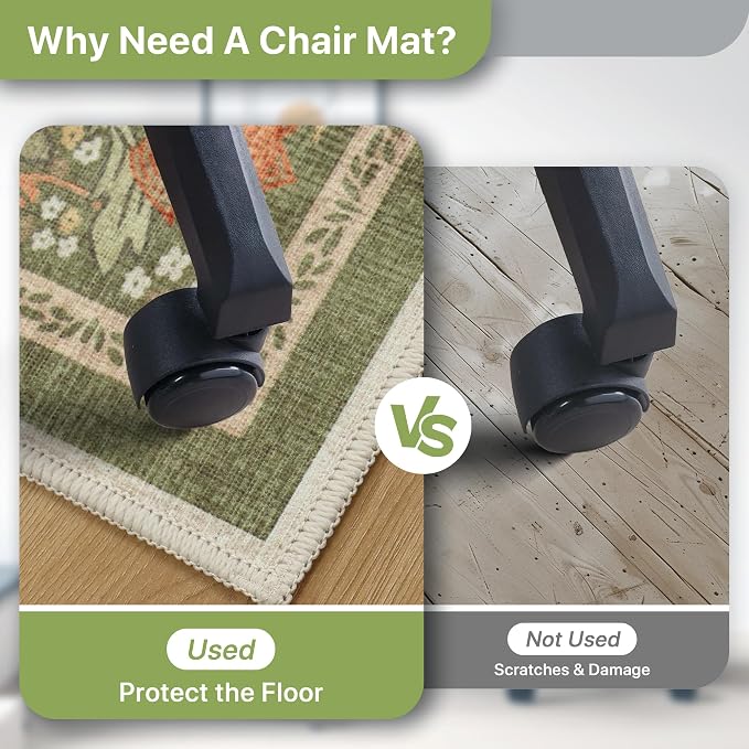 48"x72" Office Chair Mat for Hardwood Tile Floor, Under Desk Carpet Protector for Rolling Computer Chair Mat, Machine Washable Area Rug, Anti-Slip 1/5" Thick Low Pile Thin Floor Mat, Sage Green