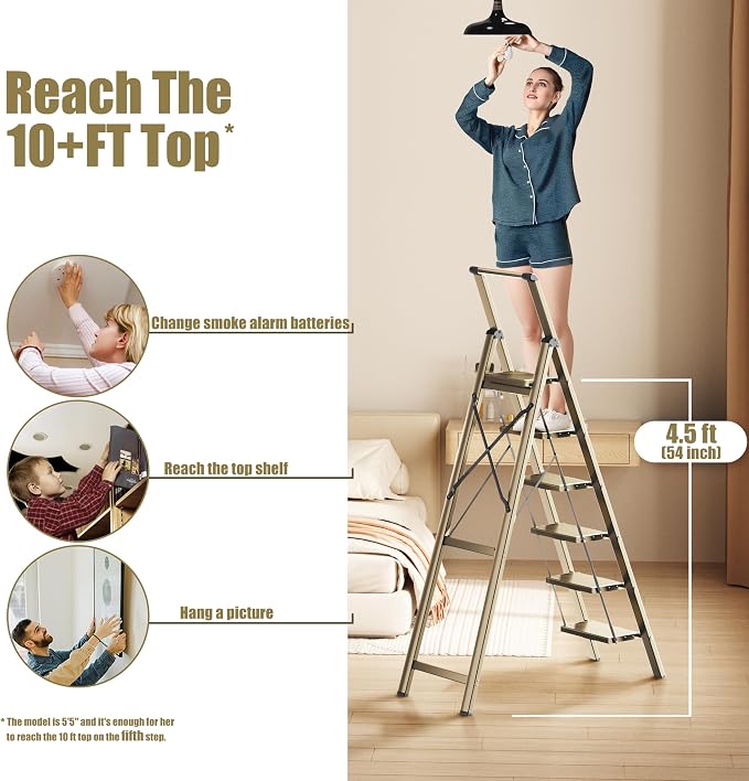 SOLADDER 6 Step Ladder, Folding Step Stool with Handgrip and Anti-Slip Wide Pedal, Portable Lightweight Aluminum Stepladder for Kitchen, Home, Library, Office (300 lbs Capacity) - Gold