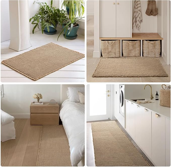 TYUU Waffle Runner Rug Bathroom, Long Boho Bathroom Rugs Non Slip Washable Super Absorbent Quick Dry Farmhouse Bath Decor, 60"x24" Beige