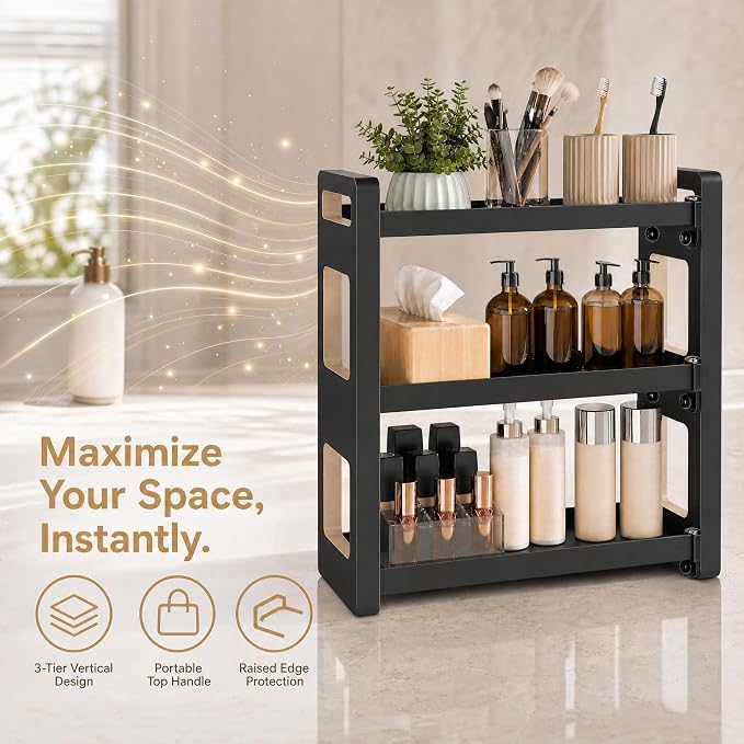 Narrow Solid Wood Bathroom Counter Organizer, Space-Saving Bathroom Storage Rack for Vanity, Multi-Purpose Kitchen Spice Rack & Bedroom Makeup Organizer (Black, 3 Tier)