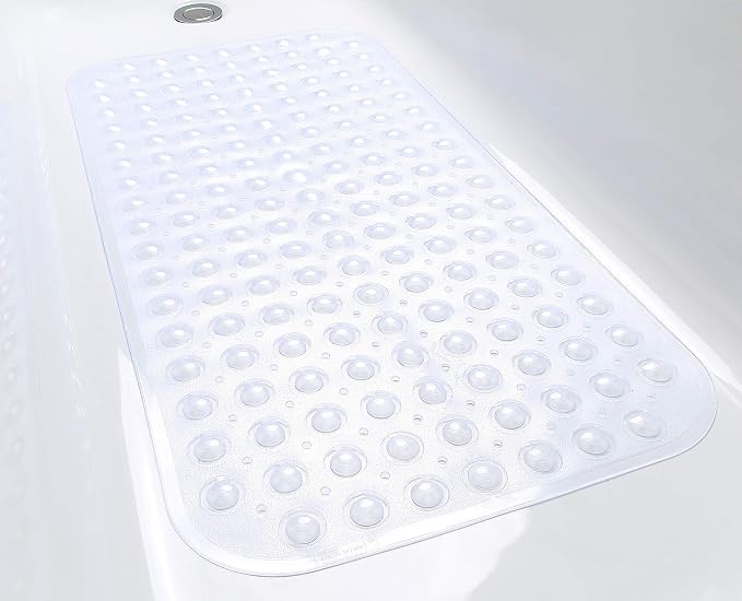 Large Non-Slip Bathtub & Shower Mat 31”x16” (Smooth/Non-Textured Tubs Only) Safe, Clean, Machine-Washable, Superior Grip&Drainage, Vinyl, Transparent Clear