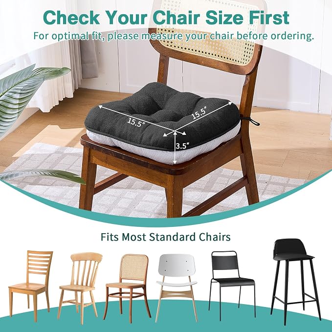 BETU Black Chair Cushions for Dining Chairs Set of 4,3.5" Thick Kitchen Table Chair Pads with Ties,Non Slip Backing and Covers,Seat Cushion for Dining Room,Bar,Patio Chairs,15.5"X15.5"X3.5",Black