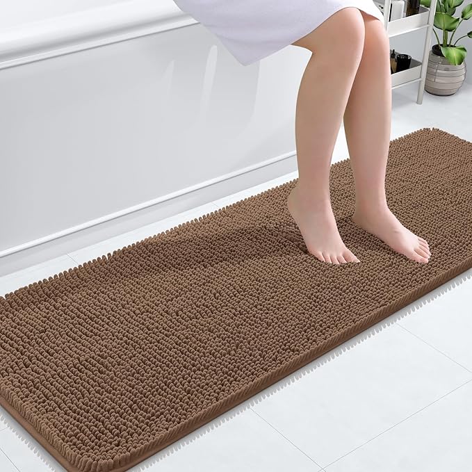 OLANLY Bathroom Runner Rugs 59x20, Extra Soft Absorbent Chenille Bath Rugs, Rubber Backing Quick Dry, Machine Washable Long Bath Mats for Bathroom Floor, Tub and Shower, Home Decor Accessories, Mocha