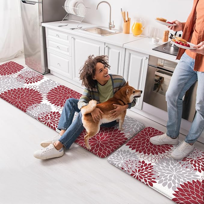 Anti Fatigue Kitchen Mats,17"x59"+17"x29" Non Slip Boho Dahlia Kitchen Rugs Sets of 2,Farmhouse Waterproof Kitchen Mat for Floor,Cushioned Standing Mat for Office,Laundry,Sink,Desk,Red