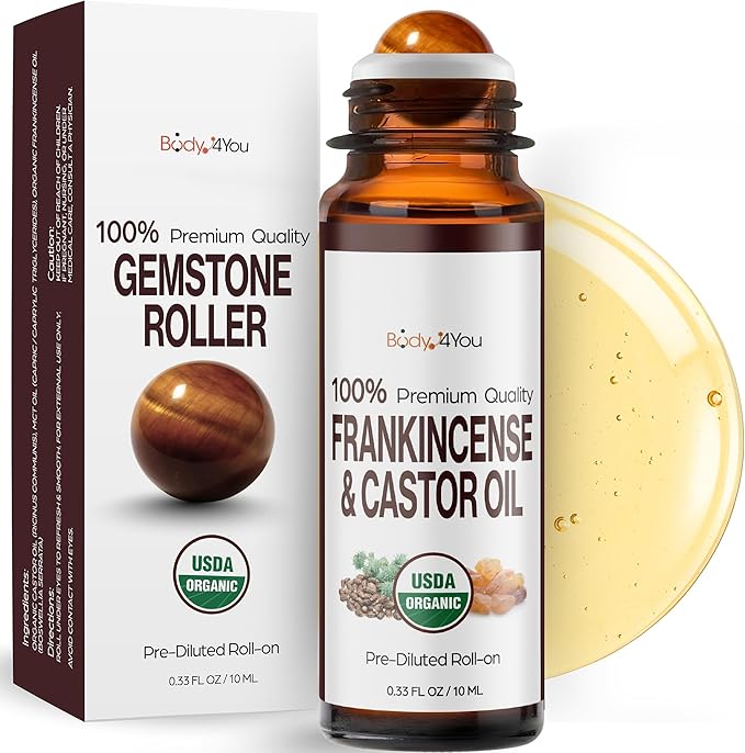 Castor Oil Frankincense Essential Oil Roll On for Face Eyebrows Under Eye - 100% Pure USDA Organic MCT Coconut - Dark Circles Fine Lines Facial Skin Care Serum - Gemstone Roller 10ml Travel Size