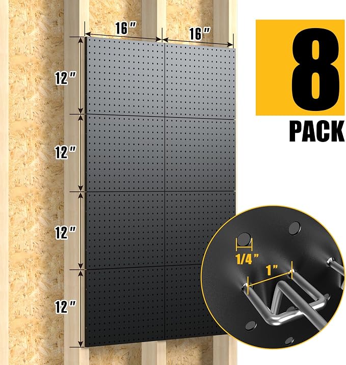 Spampur Peg Board, 8 Pack Metal Pegboard Panels with 50 Hooks, Black Pegboards Wall Organizer, Heavy Duty Peg Board for Walls Home, Garage Tool Storage, Office Organization, Craft Room, Kitchen