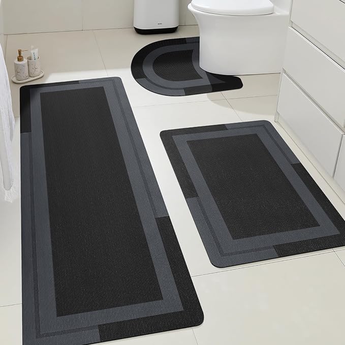 ACCUMTEK Non Slip Bath Mat, Thin Bathroom Rugs Fit Under Door, Quick Dry Bath Mats, Machine Washable Bath Rugs for Bathroom, Bathtub & Kitchen, Bathtub, Black/Bordered/3 Piece