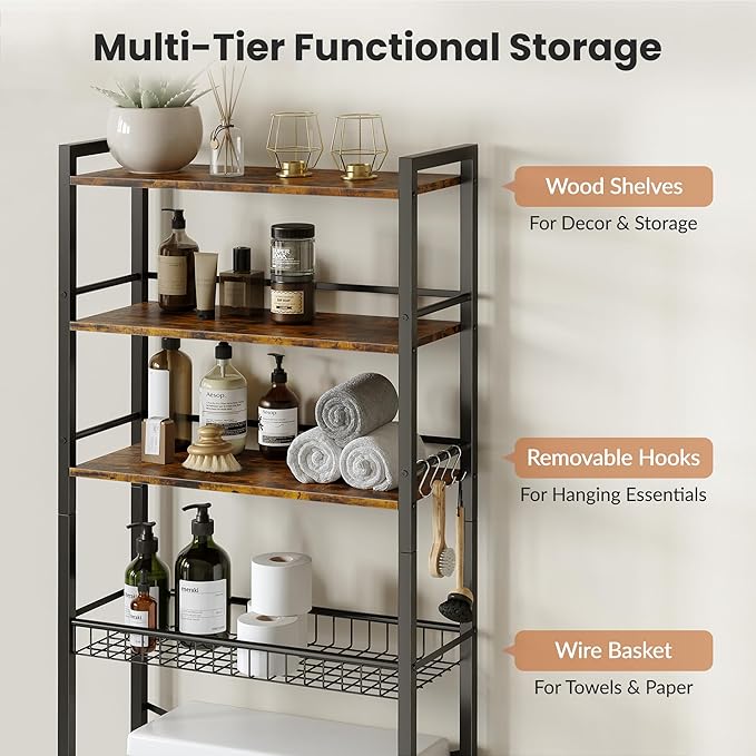 Over The Toilet Storage Shelf, 4-Tier Bathroom Organizer with Basket & Hooks, Sturdy Space Saver for Small Bathrooms, Rustic Brown & Black