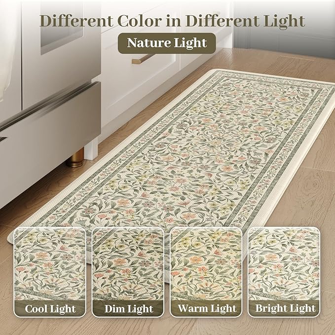 KIMODE Anti Fatigue Kitchen Mats for Floor, Boho Floral Kitchen Rugs Sets of 2, Cushioned Kitchen Floor Mats Non Slip, Comfort Spring Rugs for Kitchen Floor Sink Laundry Desk Beige 17.3"x29"+17.3"x47"