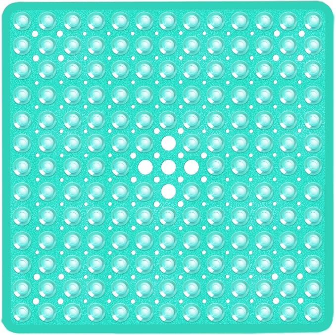 Square Shower Bathtub Mat Non Slip for Inside Shower Clear Green 21x21 Inch, Shower Stall Mats for Bathroom Floor, Soft Bath Mat for Tub with Big Suction Cups Drain Holes, Easy Washable Dry