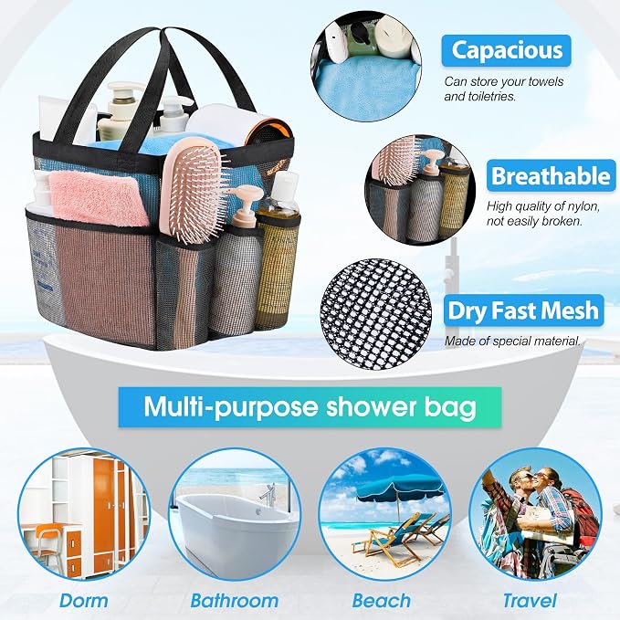 Attmu Mesh Shower Caddy Portable for College Dorm Room Camping Essentials, Shower Caddy Dorm with 9-Pockets, Large Capacity Hanging Basket Bathroom Bag for Toiletry, Swimming, Gym, Camp, Beach
