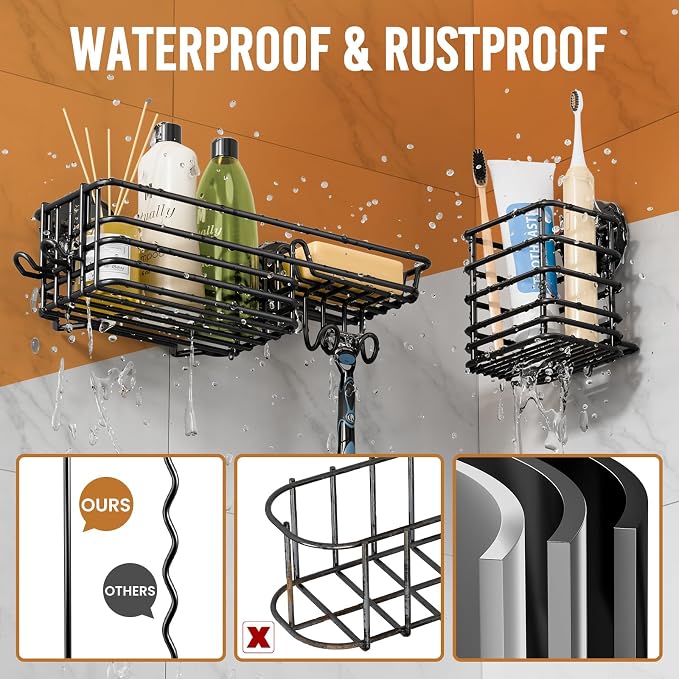 LEVERLOC Shower Caddy Suction Cup, 3 Pack Heavy Duty Bathroom Organizer for Inside Shower with Hooks & Soap Holder, Removable Bathroom Organizer, Rustproof Black Holder Storage Black