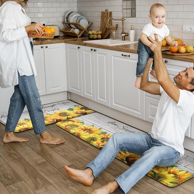 KIMODE Anti Fatigue Kitchen Mat, Farmhouse Sunflower Kitchen Rugs Sets of 2, Kitchen Floor Mats Non-Slip Cushioned, Comfort Kitchen Mats for Floor Sink, Laundry, Desk White 17"x47"+17"x29"
