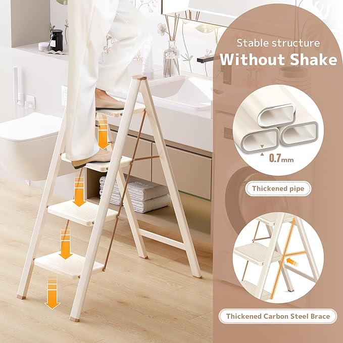 4 Step Ladder Folding Step Stool with Wide Anti-Slip Pedal, 330LBS Capacity, Lightweight Portable Stepladder for Home and Kitchen Use, Cream Chocolate