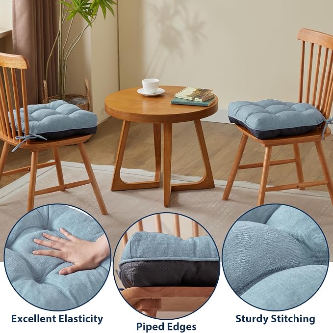 IASEAHK Chair Cushions for Dining Chairs, Seat Cushions for Kitchen Chairs, Indoor Seat Cushions with Ties, Tufted Foam Chair Pads, Non Slip Chair Cushions Set of 6, 15.5" x 15.5" x 4", Light Blue
