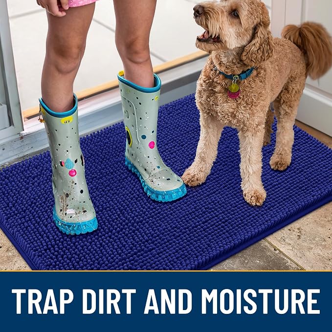 Smiry Dog Door Mat for Muddy Paws 47x24, Absorbent Dirt Trapper, Non-Slip Washable Chenille Entryway Rug for Inside Floor, Navy Blue, Classic Solid