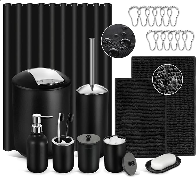 Black Bathroom Accessories Set, 22Pcs Bathroom Sets with Shower Curtain and Rugs, Bathroom Accessories Sets Complete with Trash Can, Non-Slip Bathroom Rugs Super Absorbent