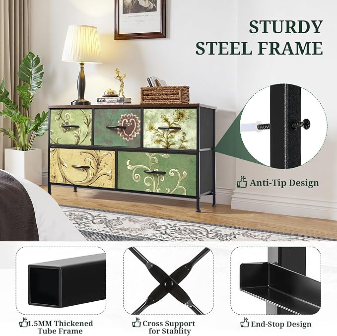 5-Drawer Dresser for Bedroom, Anti-Tip Wide Storage Organizer Fabric Chest of Drawers TV Stand for 45" TV with Wooden Top and Metal Frame for Closet, Living Room, Hallway, Entryway, Floral Painted