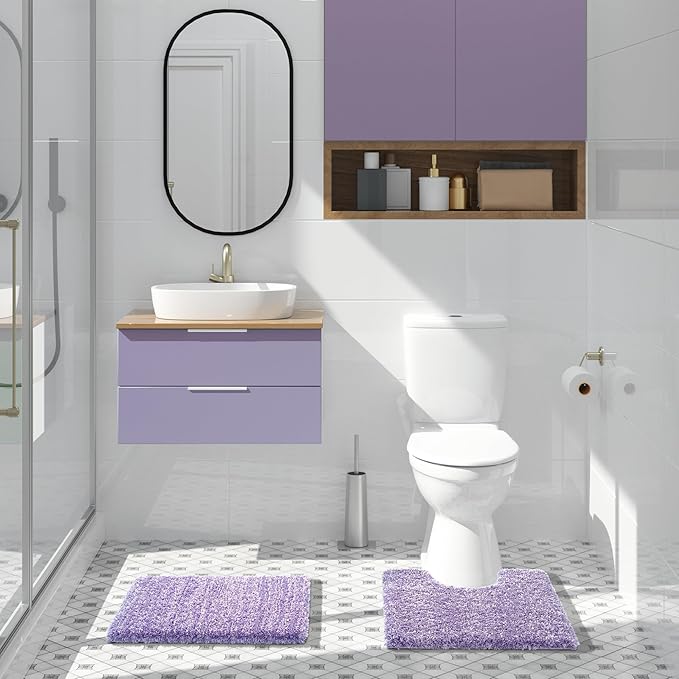 Yimobra Bathroom Rugs Non Slip Washable, Ultra Soft and Water Absorbent Bath Mats, Plush Fluffy Shower Mat Outside, Microfiber Thick Matts for Bathroom Floor/Sink, 24X17, Purple and White