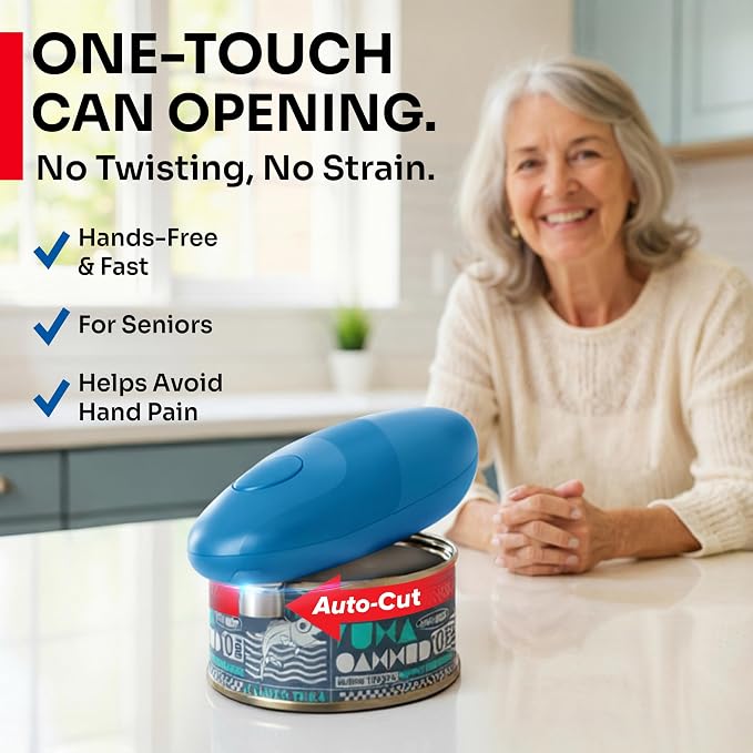 MUELLER HOME SmoothEdge Auto Electric Can Opener – Battery‑Operated One‑Touch w Magnet Lid Lifter, Smooth‑Edge Cut Technology – Portable Hands‑Free Automatic Can Opener for Seniors & Arthritis, Blue
