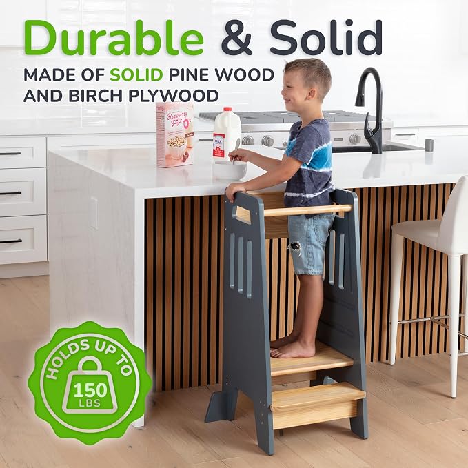 OCODILE Toddler Tower with a Sliding Door and 3 Adjustable Heights - Safe Toddler Kitchen Step Helper with Support Feet - Updated Design for 18+ Months to 6-Year-Old Kids - Gray