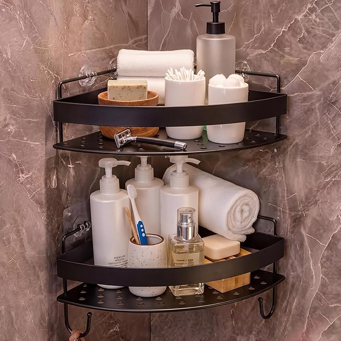 Corner Shower Shelves, 2-Tier Black Shower Candy with 4 Hooks, Stainless Steel Bathroom Shower Organizers, Wall Mounted Caddy Shelves No Drilling with Adhesive, Triangle Storage Shelf for Toilet
