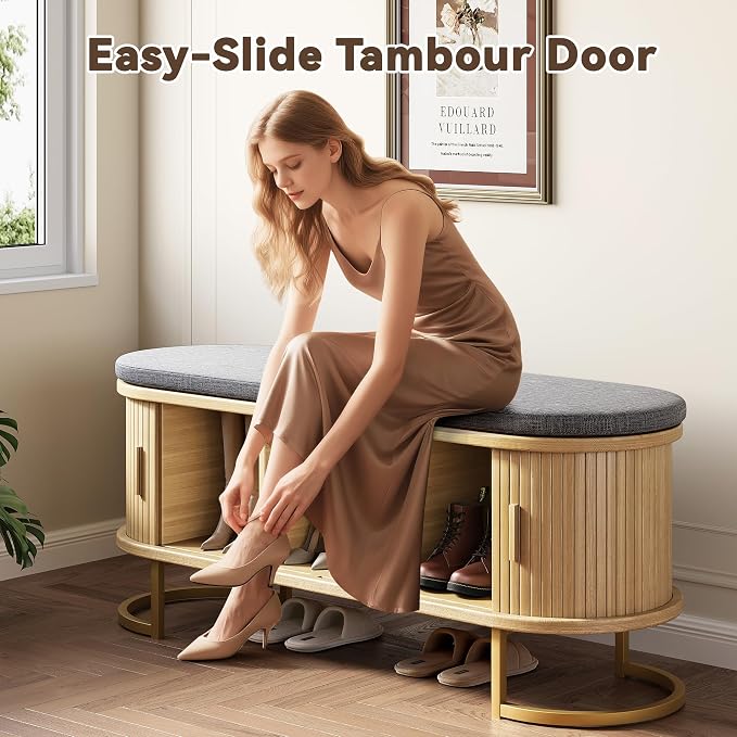 Decofy Storage Bench with Cushion and Sliding Doors, 47.2 Inch Large Entryway Shoe Bench with Sturdy Metal Feet, Multi-Functional for Entrance Hall, Bedroom, Living Room (Oak)