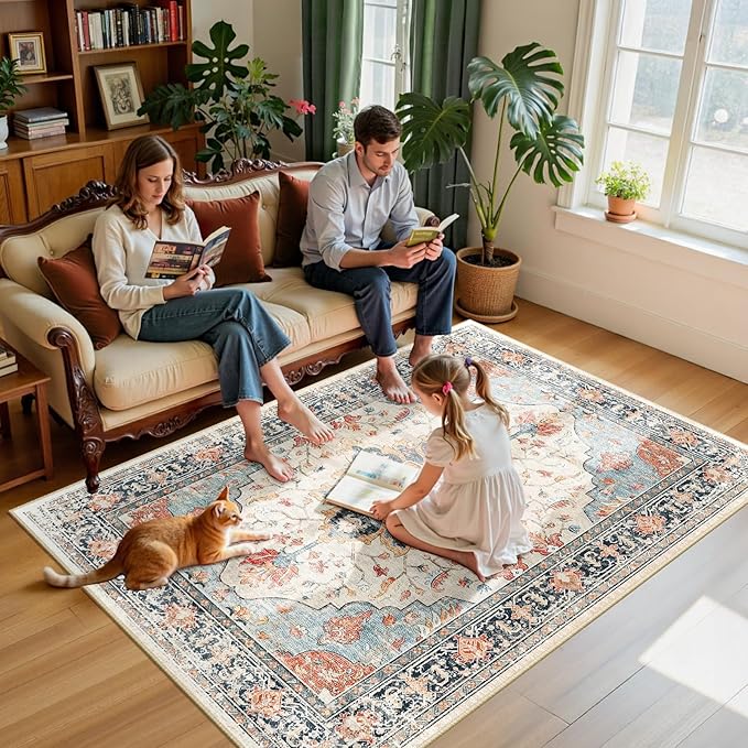 RELEANY Area Rugs 5'x7' Washable Non-Slip, Floral Vintage Distress Medallion Carpet for Living Room Bedroom Dining Room, Beige Navy Blue Orange Colorful
