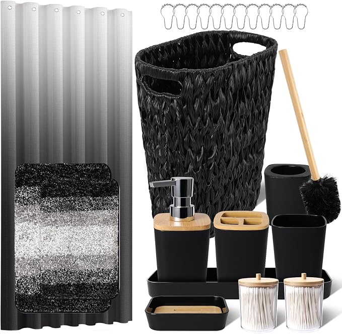 XLHOMO Black Bathroom Accessories Set with Wicker Trash Can Shower Curtain and Rugs,Bathroom Sets Small Waste Basket Bathroom Trash Can for Bedroom Bathroom