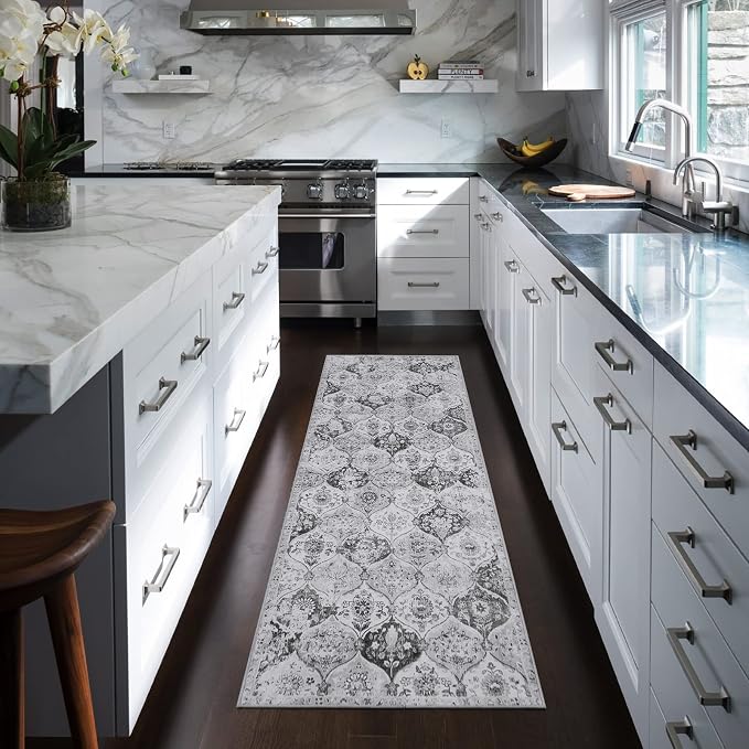 Lahome Moroccan Trellis Washable Runner Rug, 2x6 Kitchen Runners for Hallways 6 Feet Non Slip, Vintage Laundry Room Rug Ultra-Thin Carpet for Bathroom Bedroom Entryway Elise, Silver/Grey