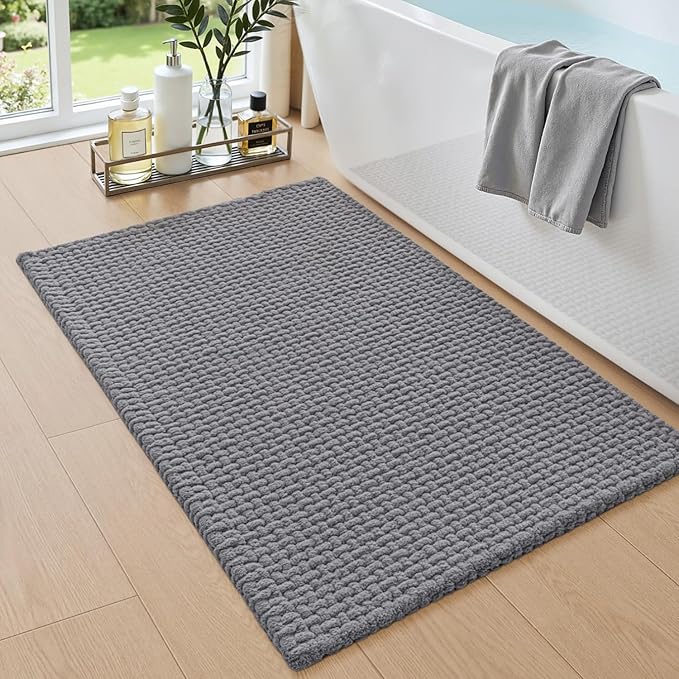 DEXI Bathroom Rugs 32x20, Non Slip Washable Bath Mat, Absorbent Chenille Bathmat, Ultra Soft Thick Carpet for Tub Shower Floor, Grey