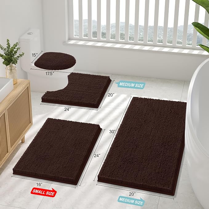 Smiry Luxury Chenille Bathroom Rugs 47x17, Extra Soft and Absorbent Shaggy Bath Mat, Machine Washable, Non-Slip Plush Carpet Runner for Tub, Shower, and Floor, Home Decor Accessories, Brown