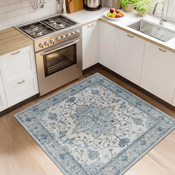 RELEANY Area Rugs Square 4ft Washable Non-Slip, Floral Vintage Distress Medallion Carpet for Living Room Bedroom Dining Room, Light Blue Navy Gray White