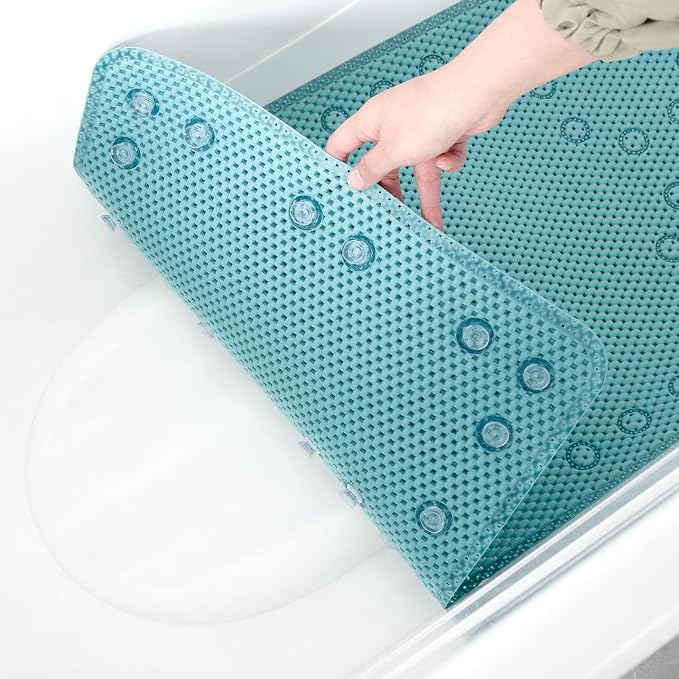 Bathtub Mat Non Slip Blue 36” X 17” Shower Mat Soft Foam Bath Mats for Bathroom Tub, Bathtub Mat with Drain Holes, Suction Cups, Shower Mat Non Slip