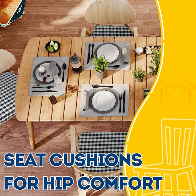 AAAAAcessories D-Shaped Chair Cushions, 2" Thick Dining Chair Pads with Ties and Removable, Machine-Washable Cover, 17" x 16", Set of 4, Checkered Black/White
