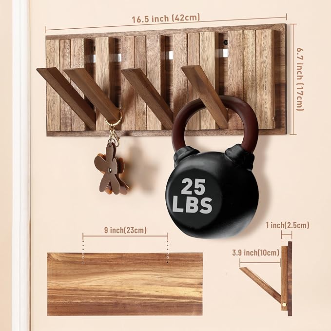 Wall Coat Rack for Entryway: Rustic Wooden Folding 8 Hooks Mount 16.5inch Decorative Piano Hanger for Farmhouse Hallway Bathroom for Towel Backpack Jacket (Neat Style)