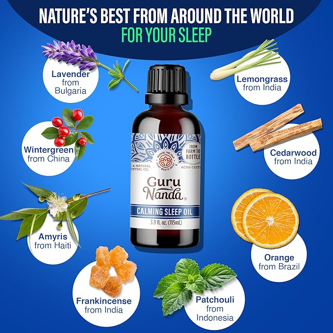 GuruNanda Calming Sleep Essential Oil, Blend of 100% Natural, Pure & Undiluted Essential Oils, Promote Relaxation, Calmness & Restful Sleep, 3.9 fl oz